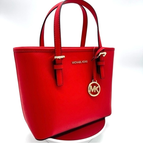Michael Kors Jet Set Travel Extra-Small Top Zip Tote Bag Red/Gold - Picture 1 of 9